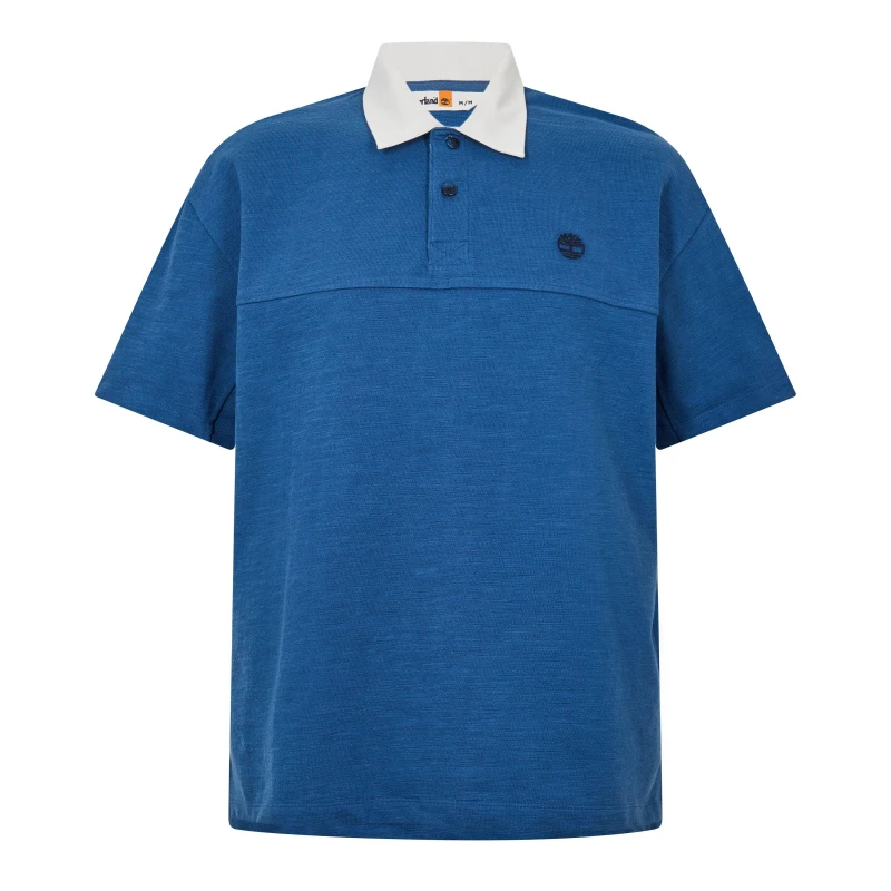 Image of Timberland Mens Textured Polo Dark Denim Short Sleeve Polo Shirt Dark Denim male M