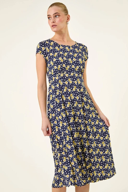 Image of Roman Womens Daisy Print Midi Tea Dress in Navy Size: 16 Navy Female 16