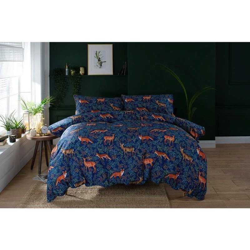 Image of Deyongs Fox and Deer Navy 200 Thread Count Cotton Rich Reversible Duvet Cover Set Navy