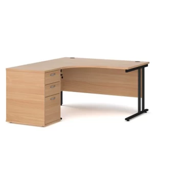 Image of Office Desk Left Hand Corner Desk 1400mm With Pedestal Beech Top With Black Frame Maestro 25