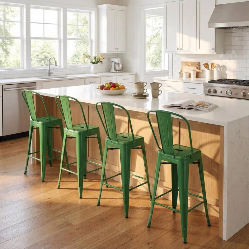 Image of FWStyle Bistro Set Of 4 30" Green Gloss Metal Bar Chairs Green Unisex