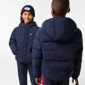 Image of Lacoste Kids Crocodile Embroidery Hooded Taffeta Jacket Size 6 yrs Navy Blue / Red