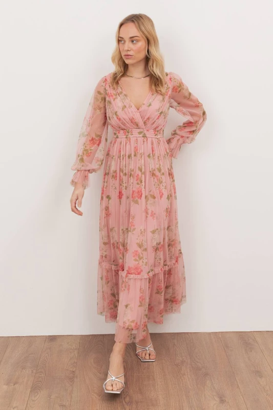 Image of Anaya with Love Womens Floral Print Faux Wrap Long Sleeve Midaxi Dress in Pink Size: 10 Pink Female 10