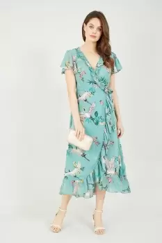 Image of Blue Frill Crane Wrap Midi Dress