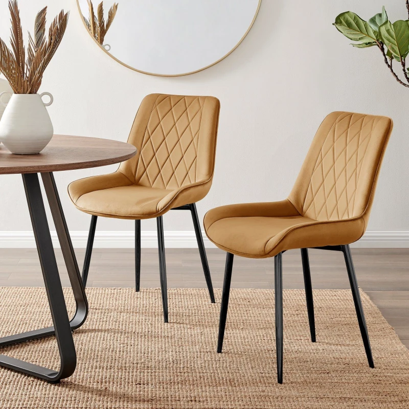Image of FurnitureboxUK FurnitureboxUK Set of 2 Pesaro Luxury Velvet Dining Chairs With Diamond Stitched Back And Black Metal Legs in Mustard Mustard One Size
