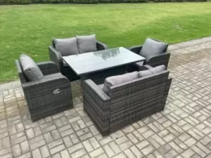 Image of Fimous 6 Seater Outdoor Dark Grey Rattan Lounge Complete Sofa Set with Regular Adjustable Dining Table