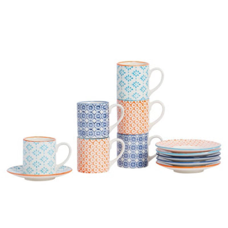 Image of Nicola Spring 12 Piece Hand-Printed Espresso Cup & Saucer Set - 65ml - 3 Colours