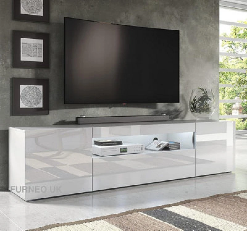 Image of Furneo 200Cm Long TV Stand Unit Cabinet Matt & High Gloss White Clifton 08 White LED Lights