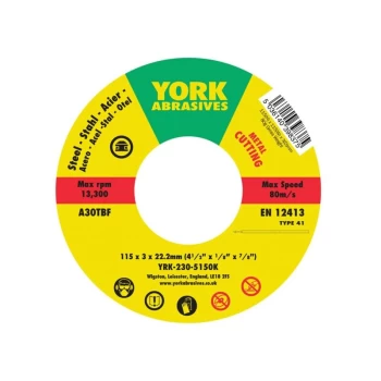 Image of York - 115X3X22MM A30-T BF Type 41 Reinforced Cutting Disc
