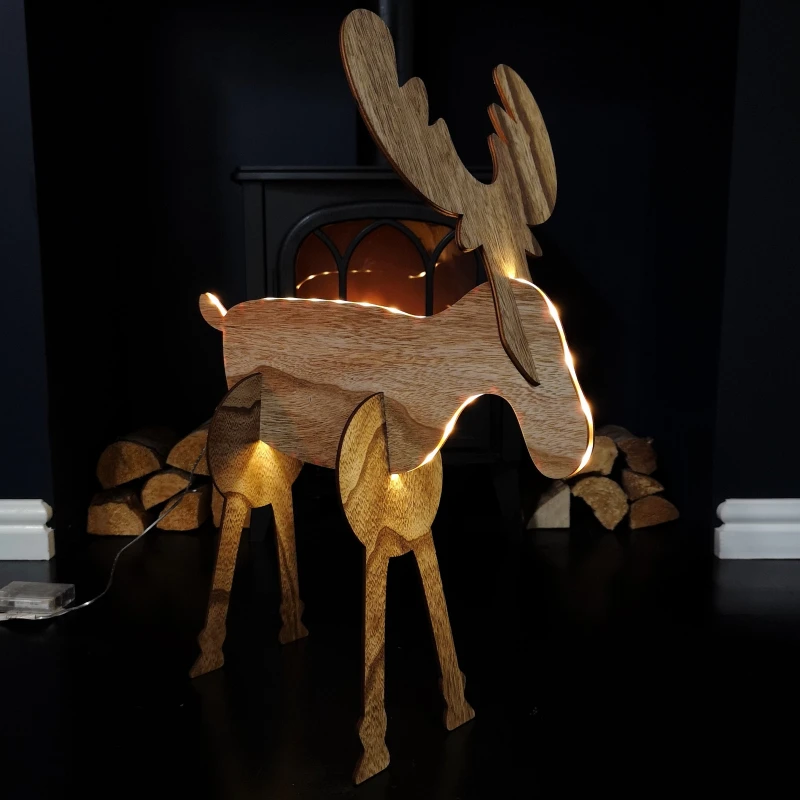 Image of 56cm Battery Operated Light up 3D Wooden Christmas Reindeer with Warm White LEDs
