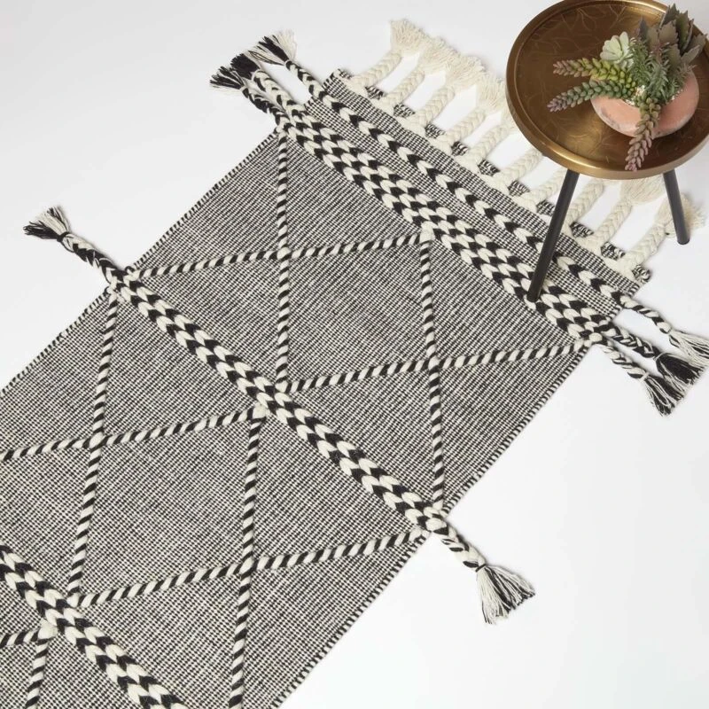 Image of Homescapes Edessa Black & White Kilim Runner Wool Rug 66 x 200cm Black unisex