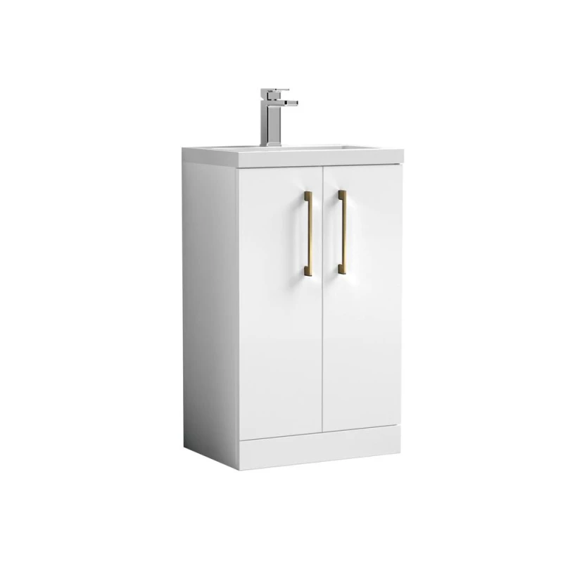 Image of Balterley Bathroom Vanity Basin Unit, Brushed Brass Handles, 500mm, Gloss White White Unisex