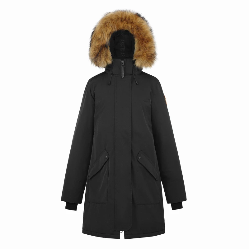 Image of Arctic Army Womens Muskox Faux Fur Trim Hooded Thigh Length Parka Black female 6 (2XS)