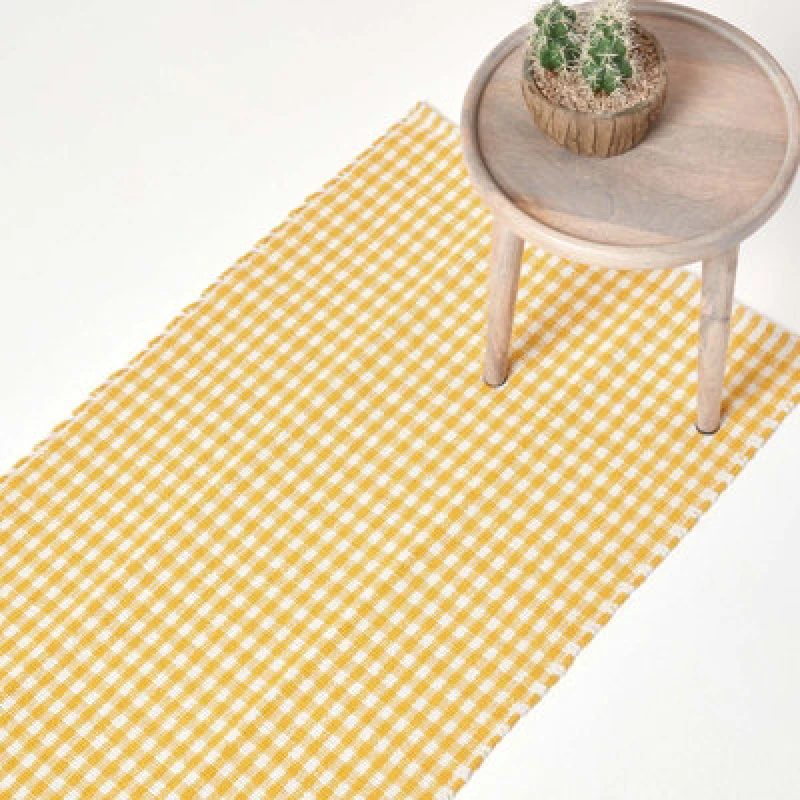 Image of Homescapes Cotton Gingham Check Hand Woven Hall Runner, 66 x 200cm Yellow