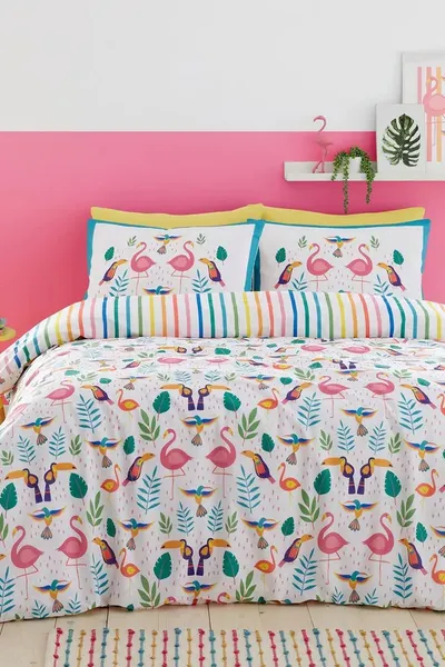Image of Fusion Tropical Flamingo Reversible Duvet Cover and Pillowcase Set Pink