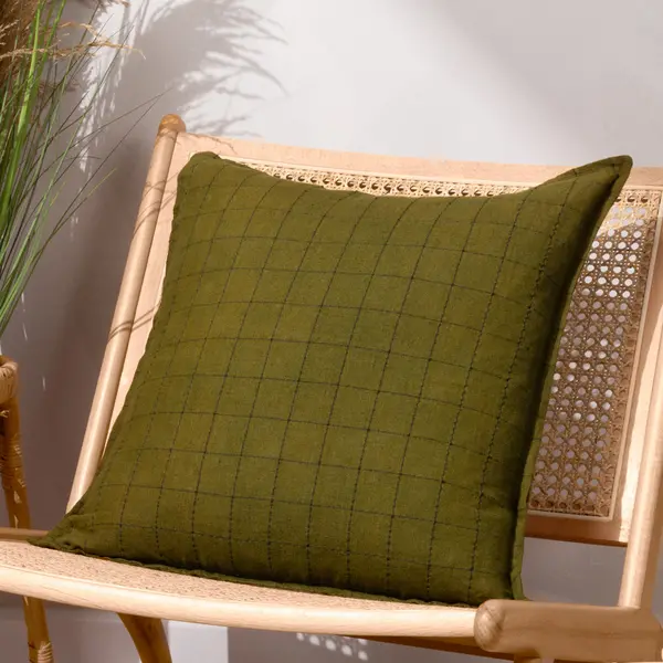 Image of Linen Grid Check Cushion Olive, Olive / 50 x 50cm / Polyester Filled