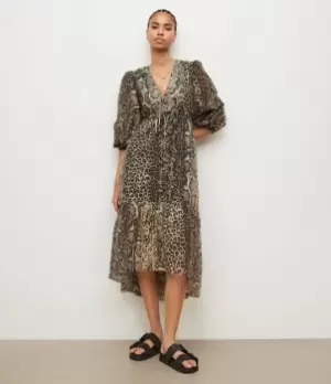 Image of AllSaints Womens Rosia Noche Leopard Snake Dress, Yellow, Size: 6