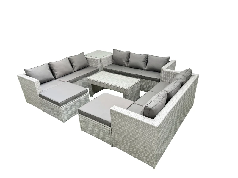 Image of Fimous Rattan Garden Outdoor Furniture Set 11 Seater Garden Sofa Oblong Coffee Table Set with 2 Big Footstools Side Table Light Grey Mixed Light Grey