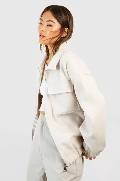 Image of Wool Look Pocket Detail Oversized Bomber Jacket