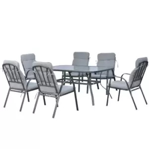 Image of Outsunny 7Pieces Garden Dining Set, Outdoor Dining Table and 6 Cushioned Armchairs, Tempered Glass Top Table w/ Umbrella Hole, Texteline Seats, Black