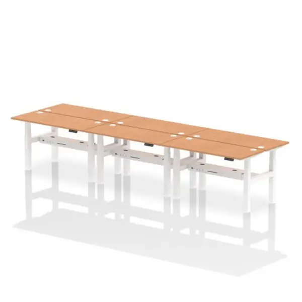 Image of Air Air Back-to-Back 1400 x 600mm Height Adjustable 6 Person Bench Desk Oak Top with Cable Ports White Frame HASCP6P14600OAKW