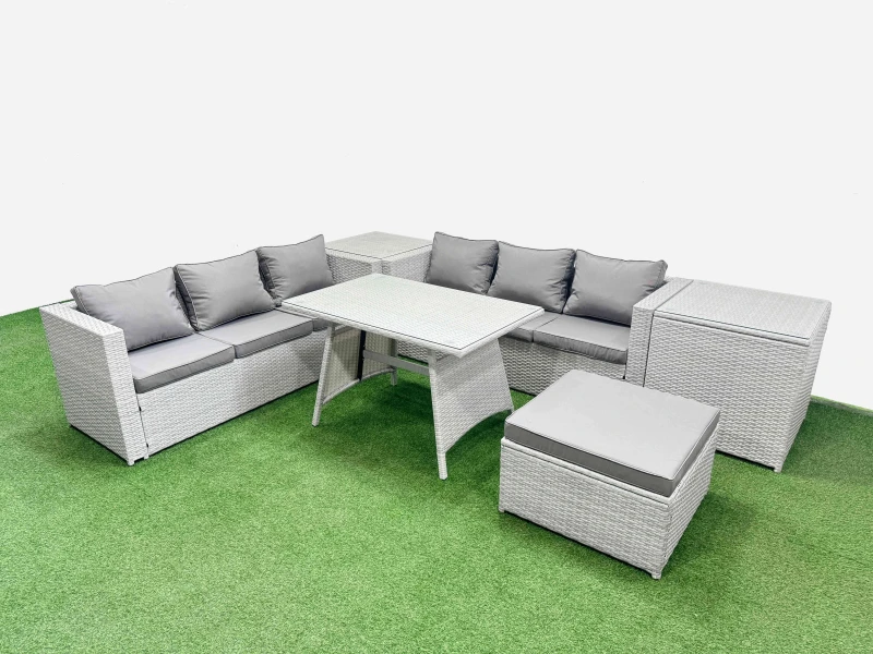 Image of Fimous 7-seater Patio Rectangular Table 3 Seater Sofa Set with 2 Side Tables in Light Grey Light Grey Unisex