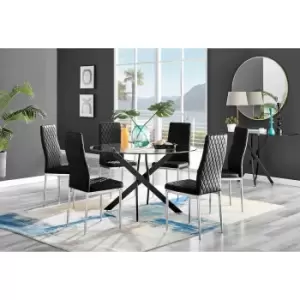 Image of Furniture Box Novara Black Leg 120Cm Round Glass Dining Table and 6 Black Velvet Milan Chairs