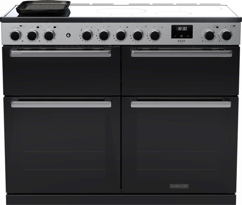 Image of Rangemaster Edge Deluxe EDDLB110EIGBLK/CM1 110cm wide Electric Range Cooker with Induction Hob - Black Glass / Chrome - A/A Rated