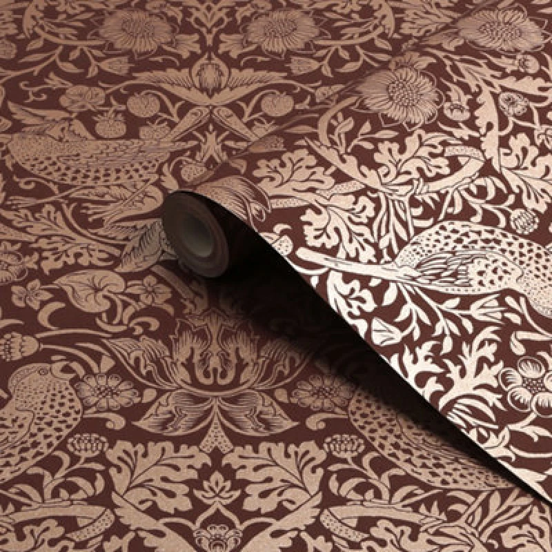 Image of William Morris Gallery Collection Fibrous Burgundy Strawberry Thief Metallic Effect Smooth Wallpaper