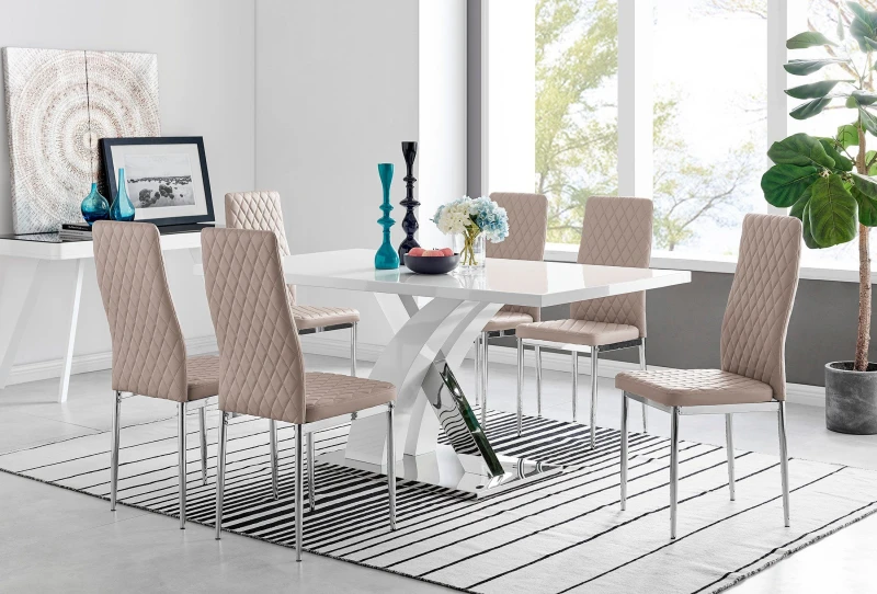 Image of FurnitureboxUK FurnitureboxUK Atlanta Modern Rectangle Chrome Metal High Gloss White Dining Table And 6 Milan Chairs Set in Beige Beige One Size Unise