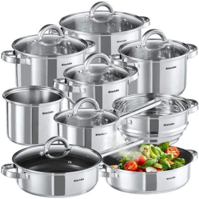 Image of Tectake 15 Piece Pan Set With 5 Saucepans, 2 Frying Pans, Steamer, Milk Pot And 6 Glass Lids - Silver