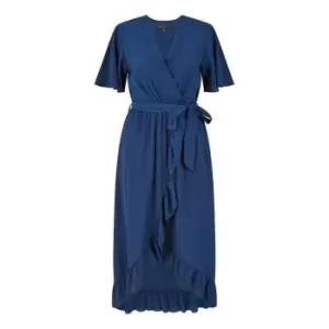 Image of Mela London Navy Wrap Over Frill Hem Dress - Blue