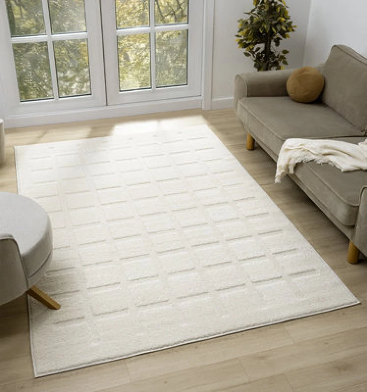 Image of Aya Living Room Area Rugs - Embossed Cubed Design Cream 80Cm X 150Cm