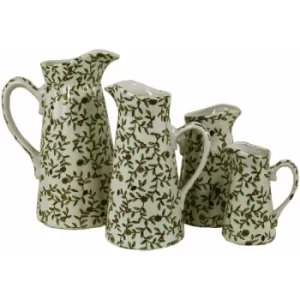 Image of Set of 4 Ceramic Jugs, Vintage Green & White Floral Design