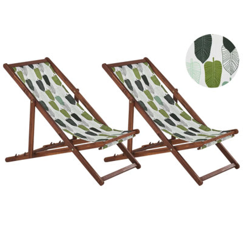 Image of BELIANI Set of 2 Folding Deck Chairs ANZIO with Replacement Fabrics Floral Motif Acacia Wood Dark Brown 311887