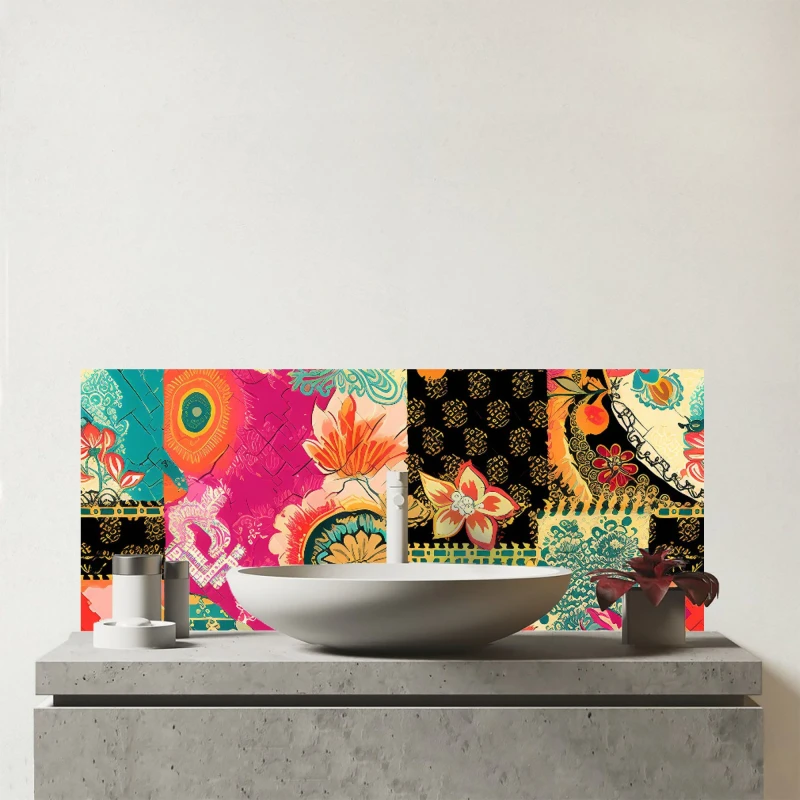 Image of Warren Reed - Designer Patchwork Mixed Textiles Glass Bathroom Splashback in Pink Pink Unisex