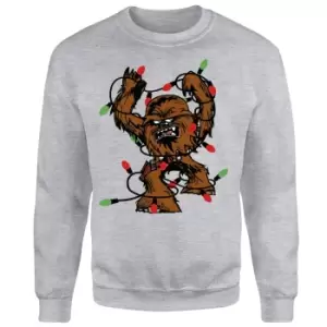 Image of Star Wars Tangled Fairy Lights Chewbacca Grey Christmas Jumper - S