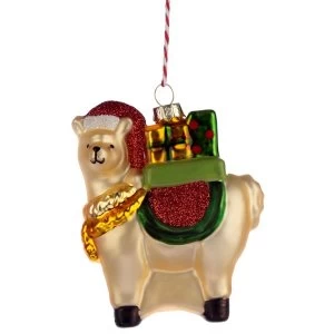 Image of Llama with Present Glass Christmas Bauble Decoration