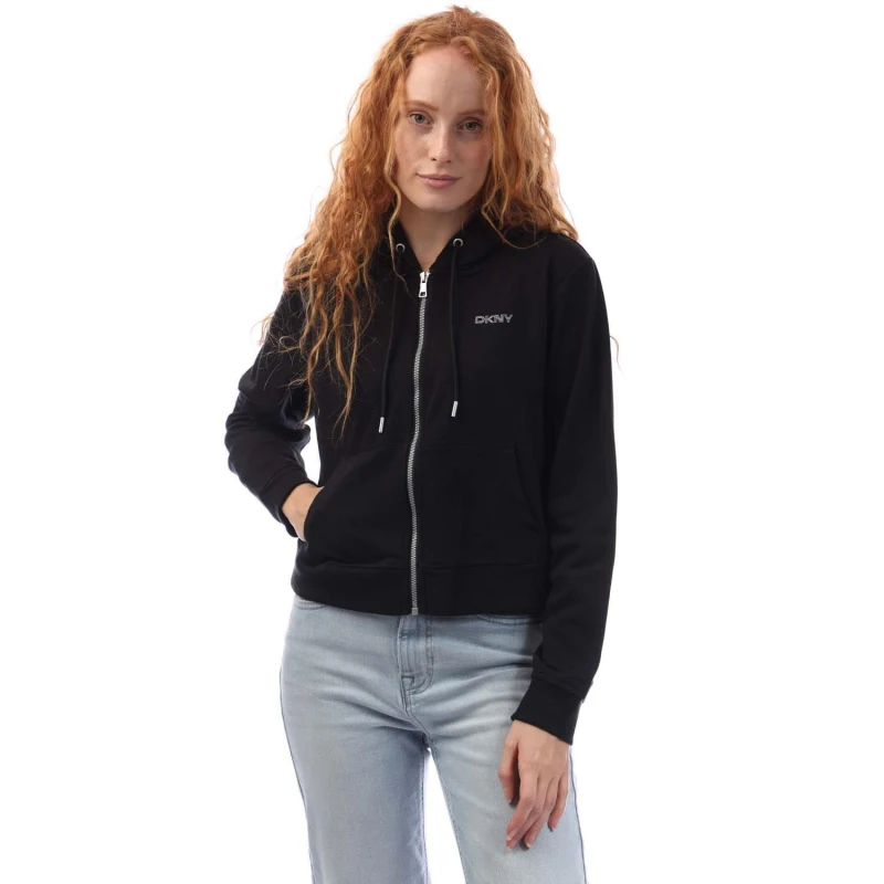 Image of DKNY Mini Stud Logo Full Zip Hoody Black female 2XS