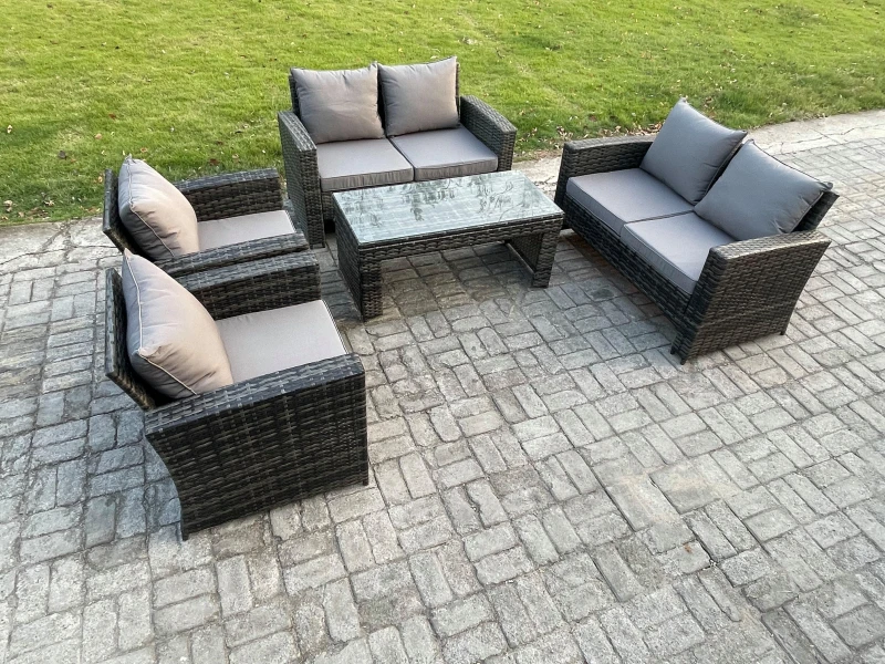 Image of Fimous 6 Seater Dark Grey Mixed High Back Rattan Sofa Set Coffee Table Garden Furniture Outdoor Patio With Love Sofa Dark Grey Unisex