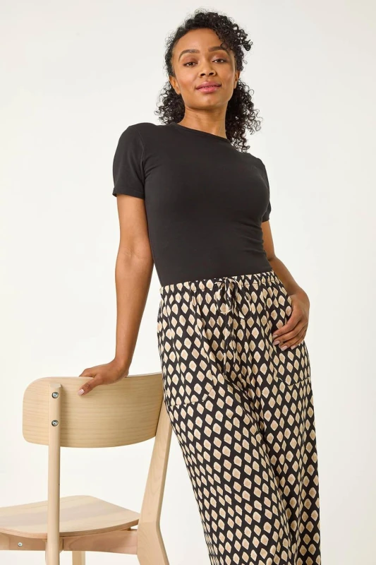 Image of Roman Womens Petite Geo Print Wide Leg Stretch Trouser in Black Size: 12 Black Female 12