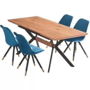 Image of 5 Pieces Life Interiors Sofia Blaze Dining Set - an Extendable Oak Rectangular Wooden Dining Table and Set of 4 Blue Dining Chairs - Blue