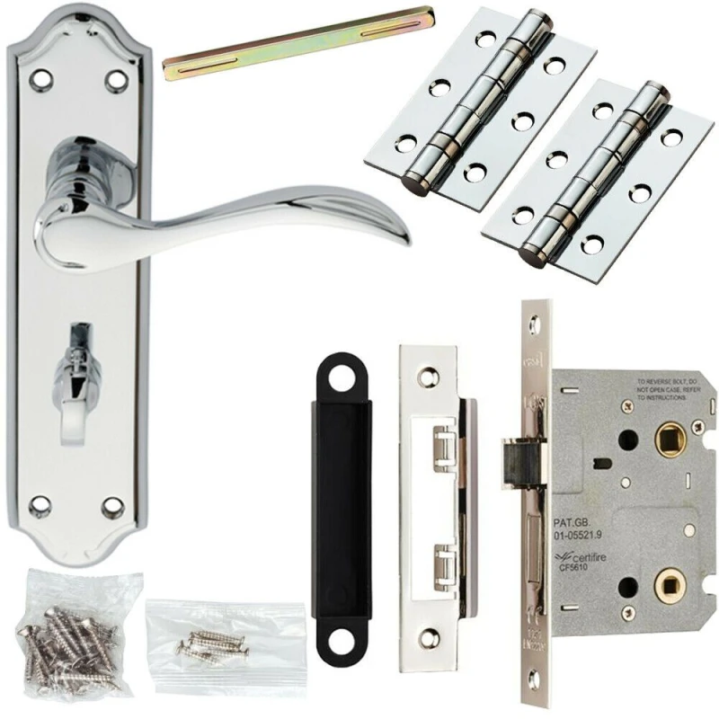 Image of Loops Door Handle & Bathroom Lock Pack Chrome Victorian Curved Thumb Turn Backplate Multi