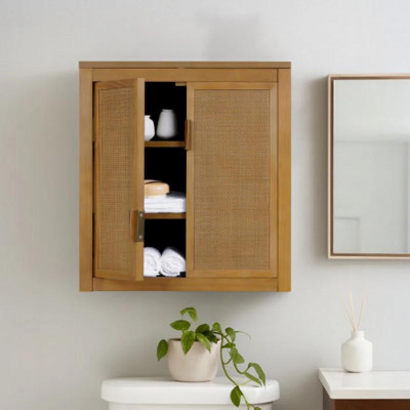 Image of Teamson Home Hatteras Bathroom Wall Cabinet Rattan Doors, Natural
