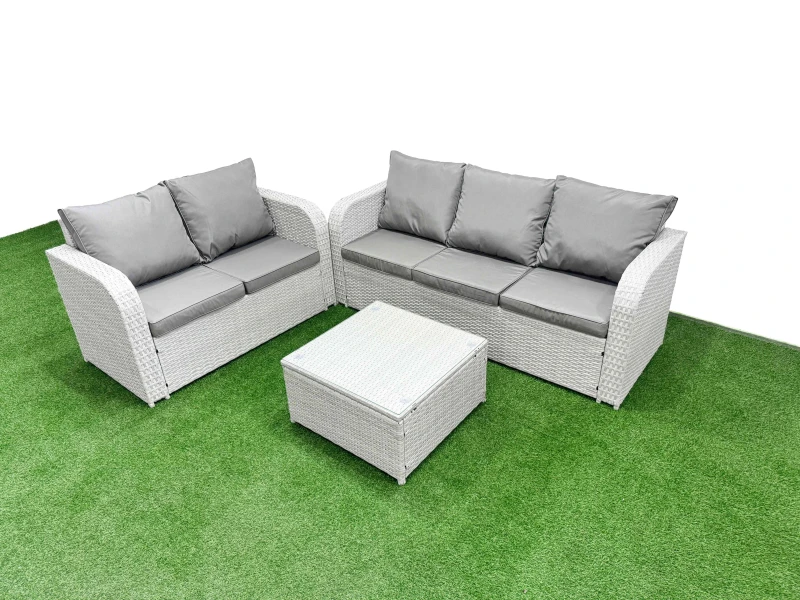 Image of Fimous 5 Seater PE Rattan Wicker Garden Furniture Patio Conservatory Sofa Set with Square Coffee Table 3 Seater Sofa Love Sofa Light Grey