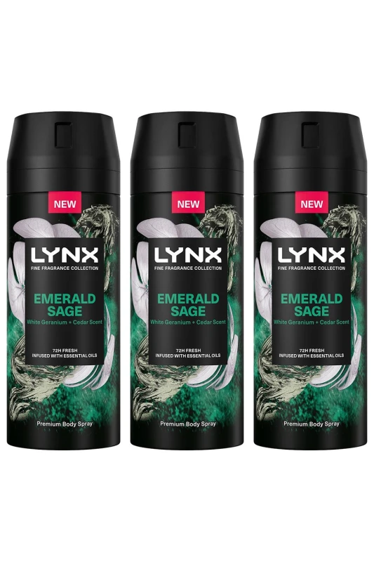 Image of Lynx Fine Fragrance Emerald Sage Deo 'Body Spray' 150ml 3 Pack Green male