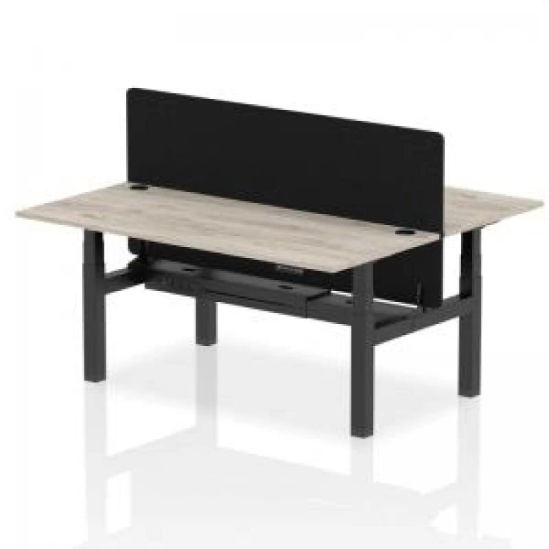 Image of Air Back - to - Back 1800 x 800mm Height Adjustable 2 Person Bench Office Desk Grey Oak Top - Cable Ports Black Frame - Black Straight Screen