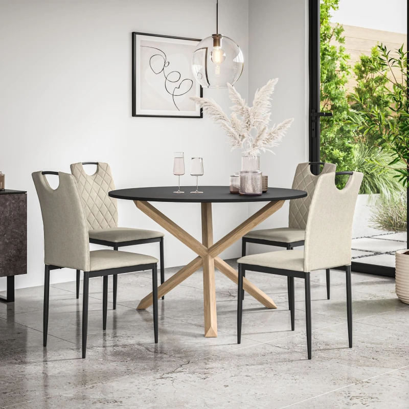 Image of More4Homes Malvern Round Dining Table And Chairs - Black Table Top W Solid Oak Legs + Monza Fabric Dining Chair Set Of 4 (Beige)