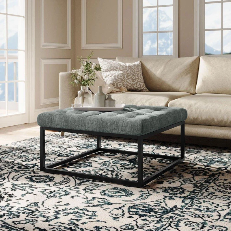 Image of Kabinet UK Square Linen Footstool with Metal Frame Grey unisex One size