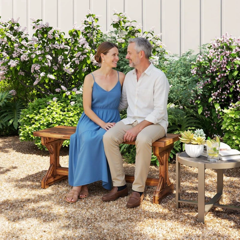 Image of OUTSUNNY Wooden Garden Bench, Rustic Backless Outdoor Loveseat, Carbonised in Brown Size: 2 Seater Brown Unisex 2 Seater
